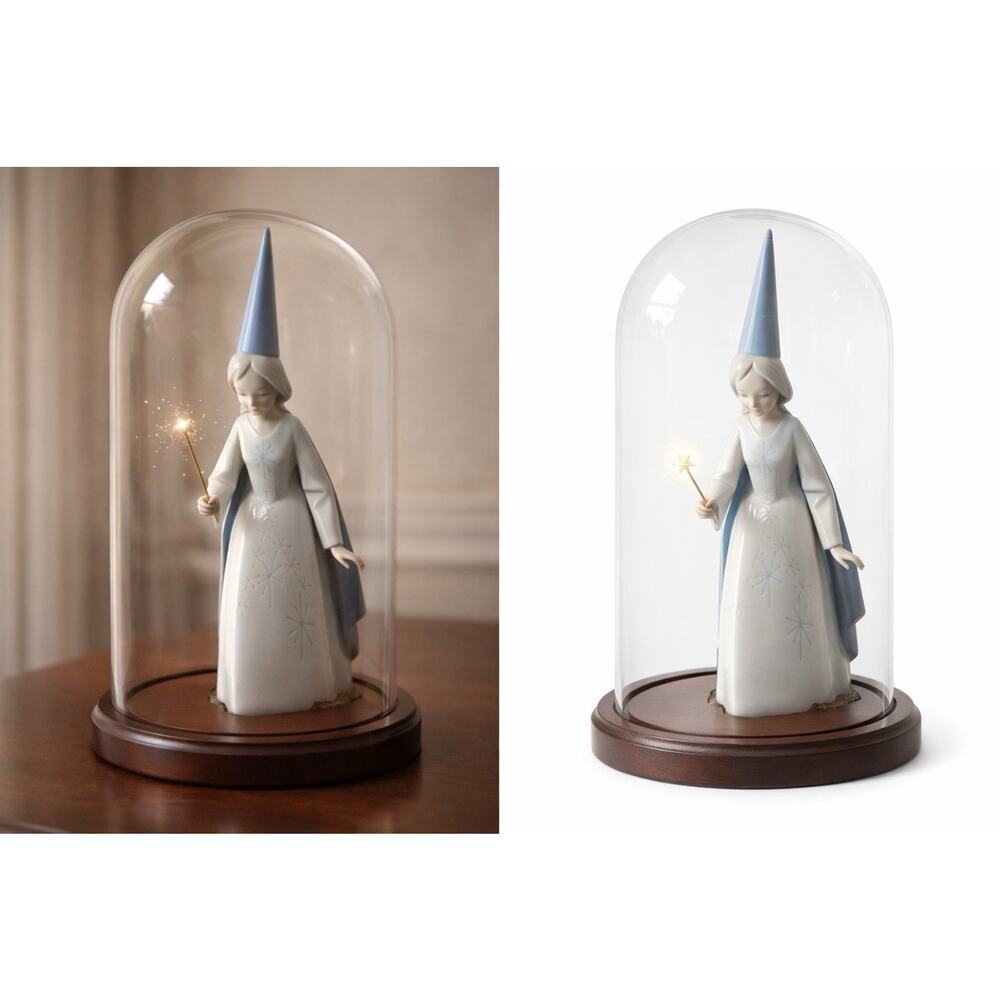 Lladro 4595 Fairy w Star Wand Figurine Blue Hat w Glass Dome Display Base Spain
